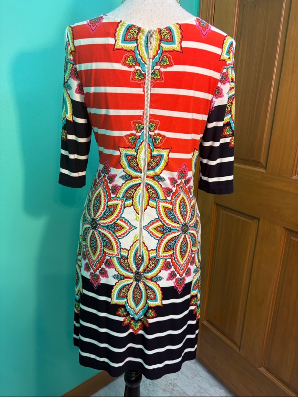 Joseph Ribkoff Red, Black & White Floral Stripe Tunic - Picture 7 of 13